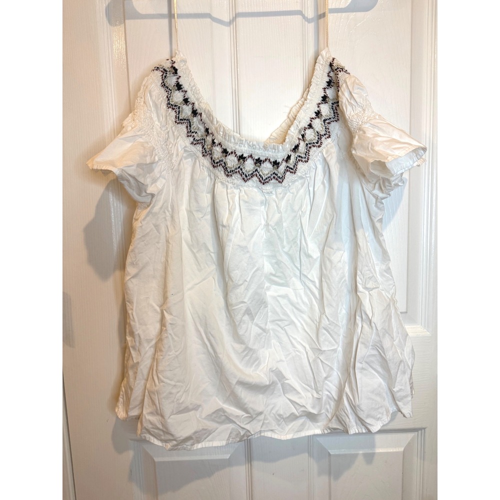 Old Navy Peasant Top Embroidered White Blouse Bohemian Short‎ Sleeve L
